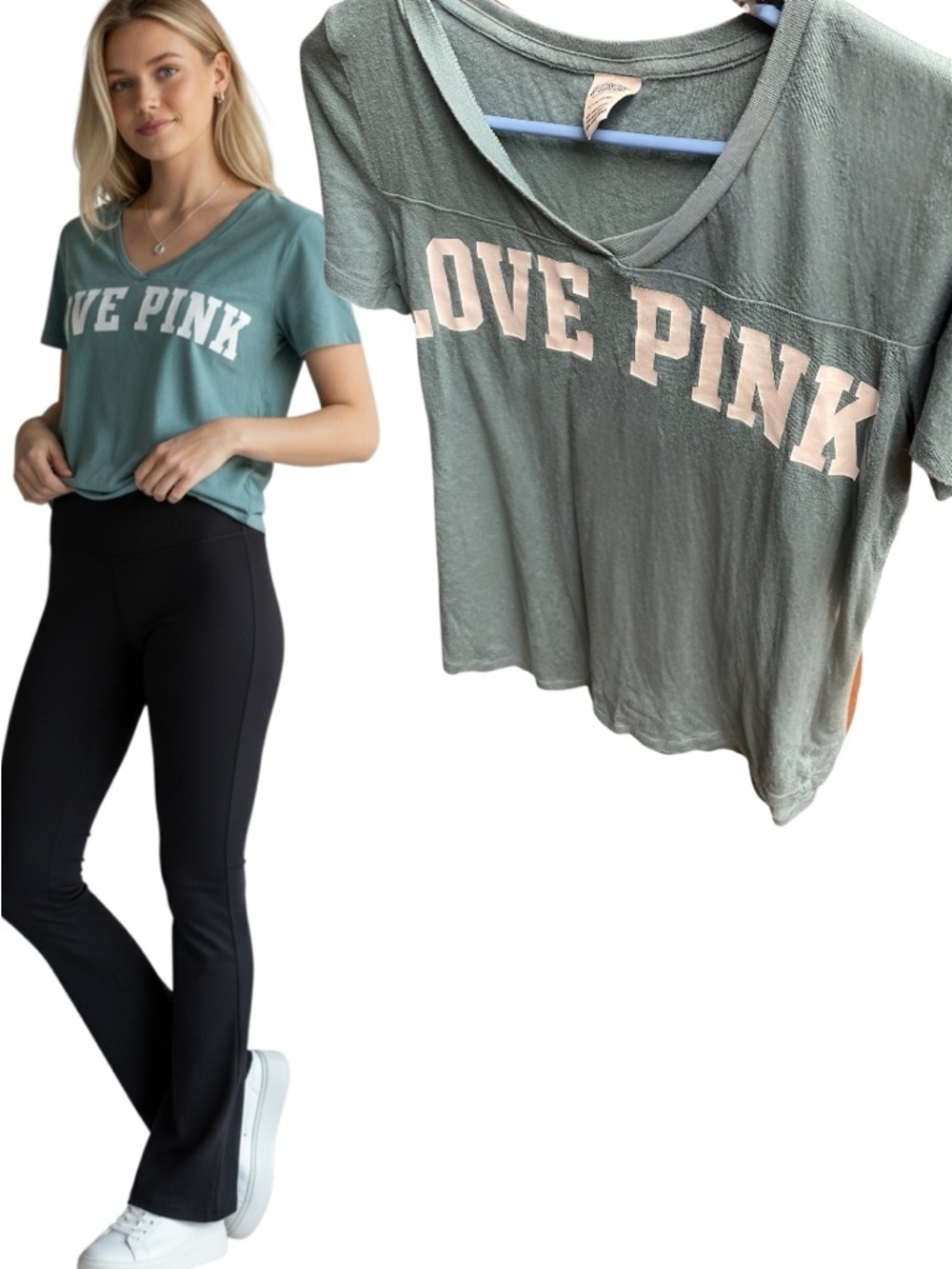 PINK Victoria’s Secret Small Blue V-Neck Graphic Tee Y2K Collegiate Logo